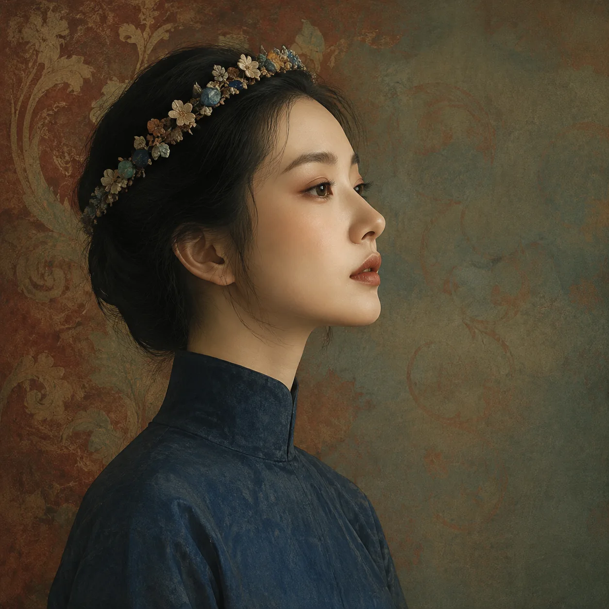 礦物色花冠側影：壁畫紋樣與服裝的輕連線