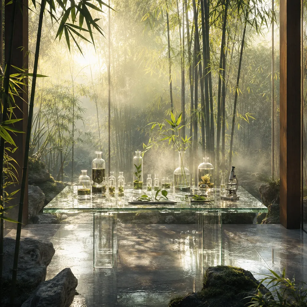 A Glass Research Desk Glowing Inside a Misty Bamboo Greenhouse