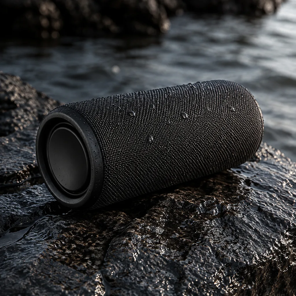 A Portable Speaker Resting on Basalt After the Rain
