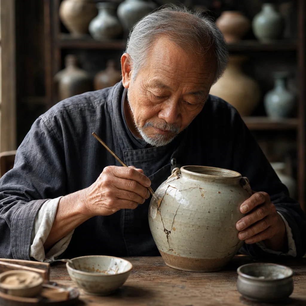A Ceramic Repair Master Mending an Old Jar in the Afternoon