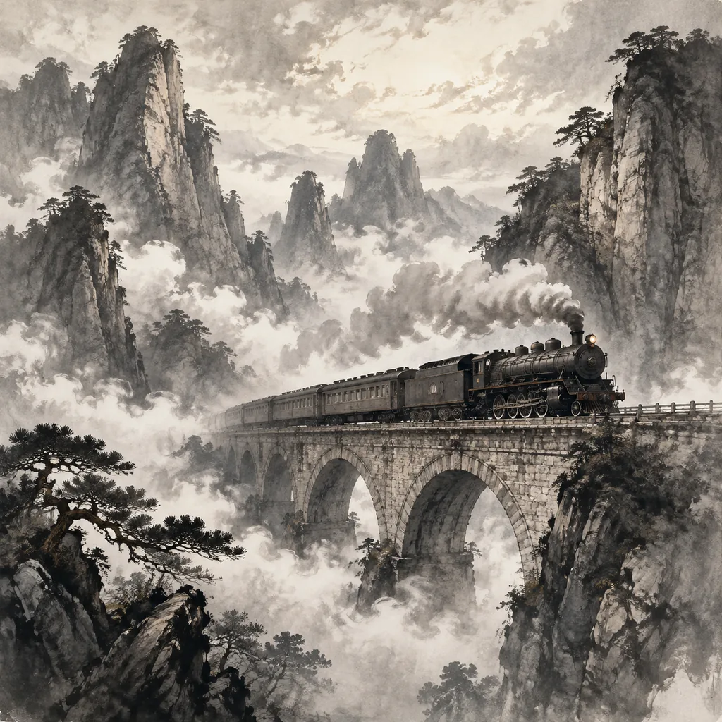 A Steam Train Cuts Through Clouds in an Ink-Wash Valley