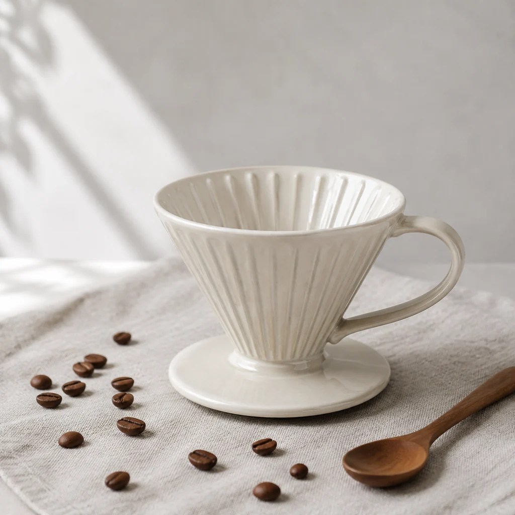 A Still-Life Shot of a Ceramic Pour-Over Dripper on Linen