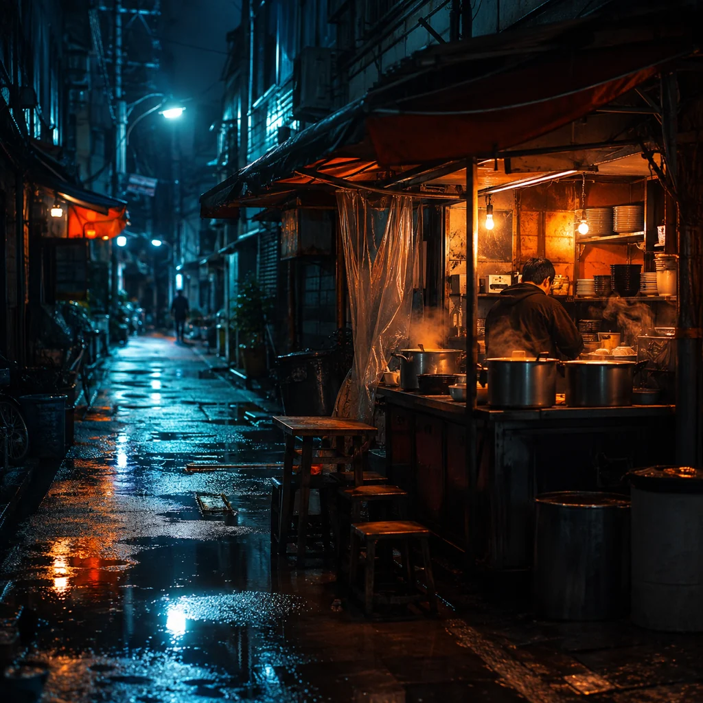 Grading a Rainy-Night Noodle Stall Into Cinematic Blue and Orange