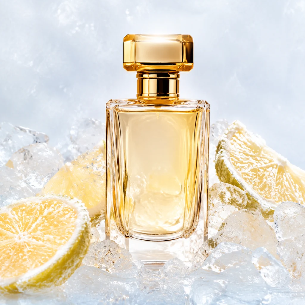 A Perfume Bottle Frozen Between Citrus Ice Crystals
