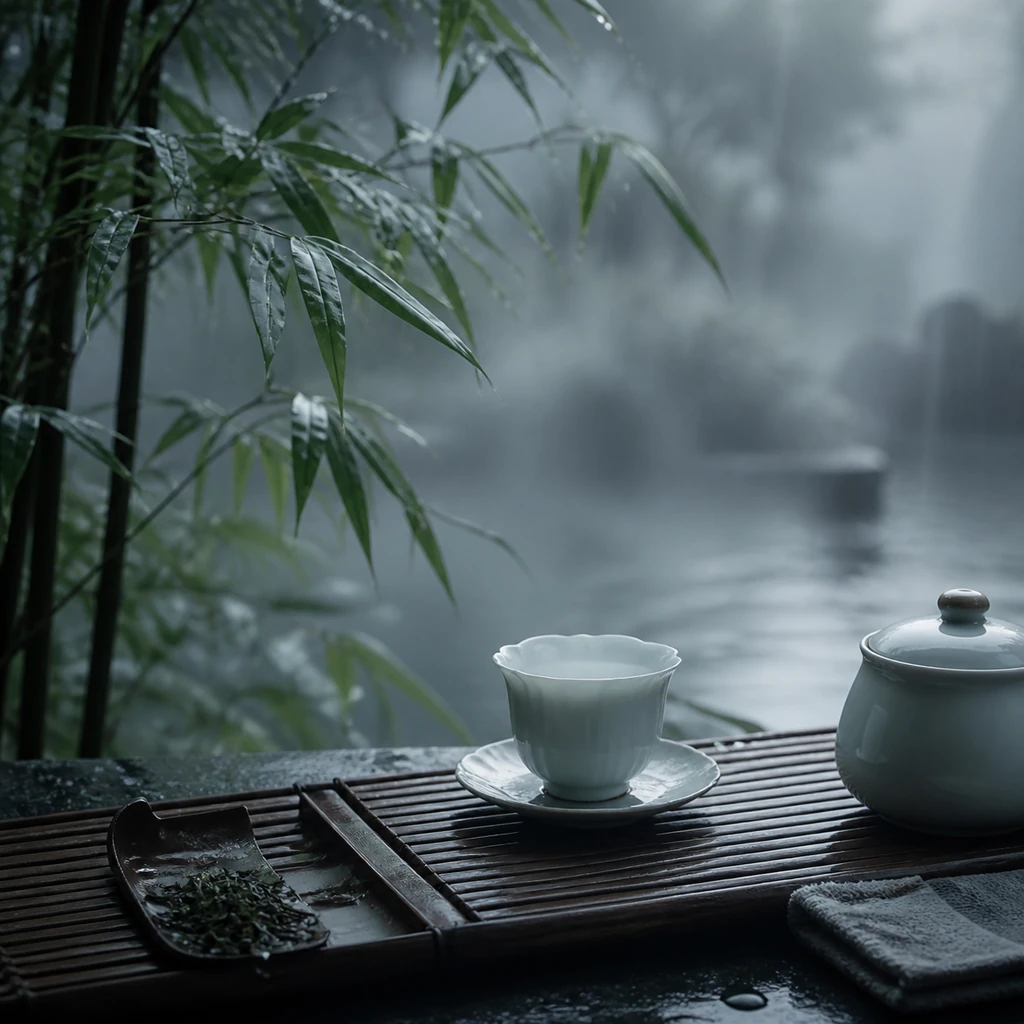 On Rain Water, a Layer of Blue-Gray Mist Rises Beside the Tea Table