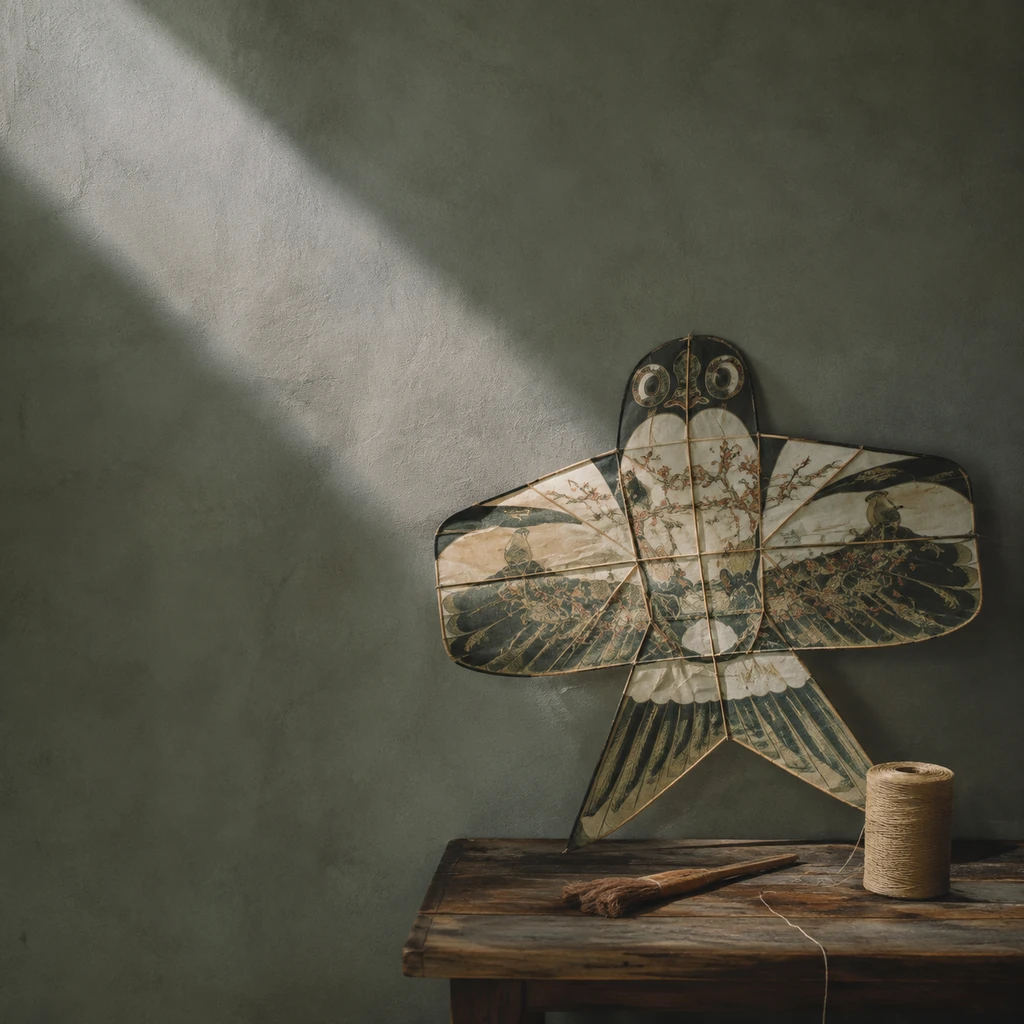 The Qingming Paper Kite Never Flew, Just Rests Against a Gray-Green Wall