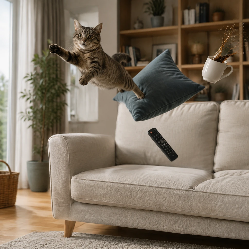 Weightlessness by the Sofa, and the Cat Flies Up Before the Pillow