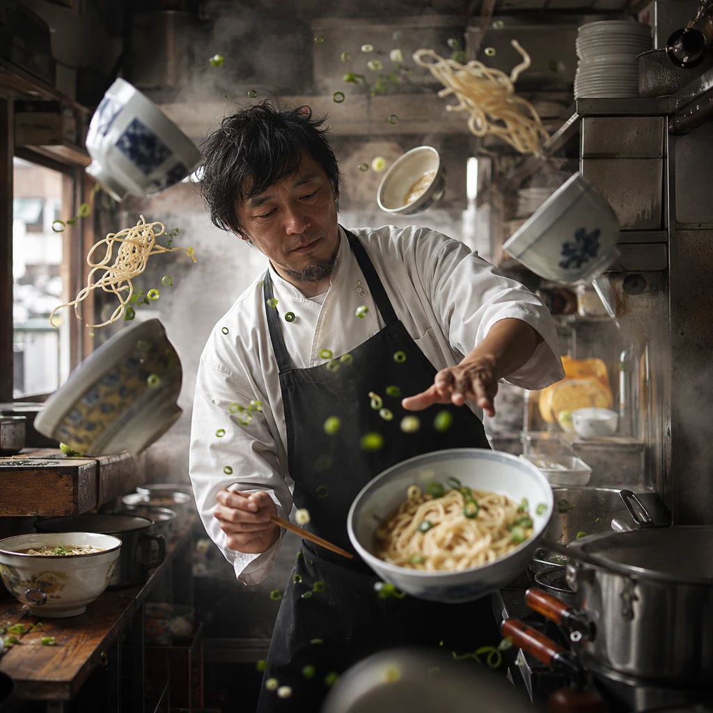 The Noodle Shop Goes Weightless, Noodles Arc Through the Air