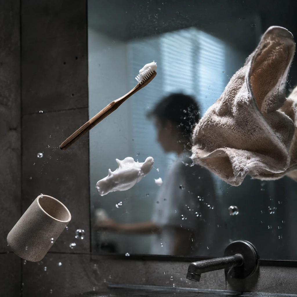 Weightless at the Bathroom Mirror, Toothpaste Foam Frozen Mid-Air