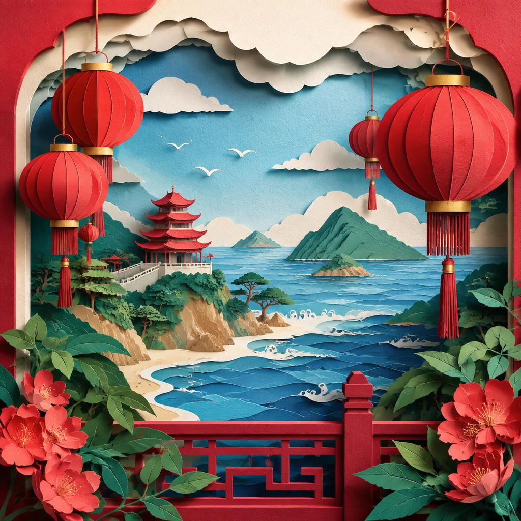 A Paper-Cut Island Travel Poster Told Only Through Lanterns and Sea Breeze