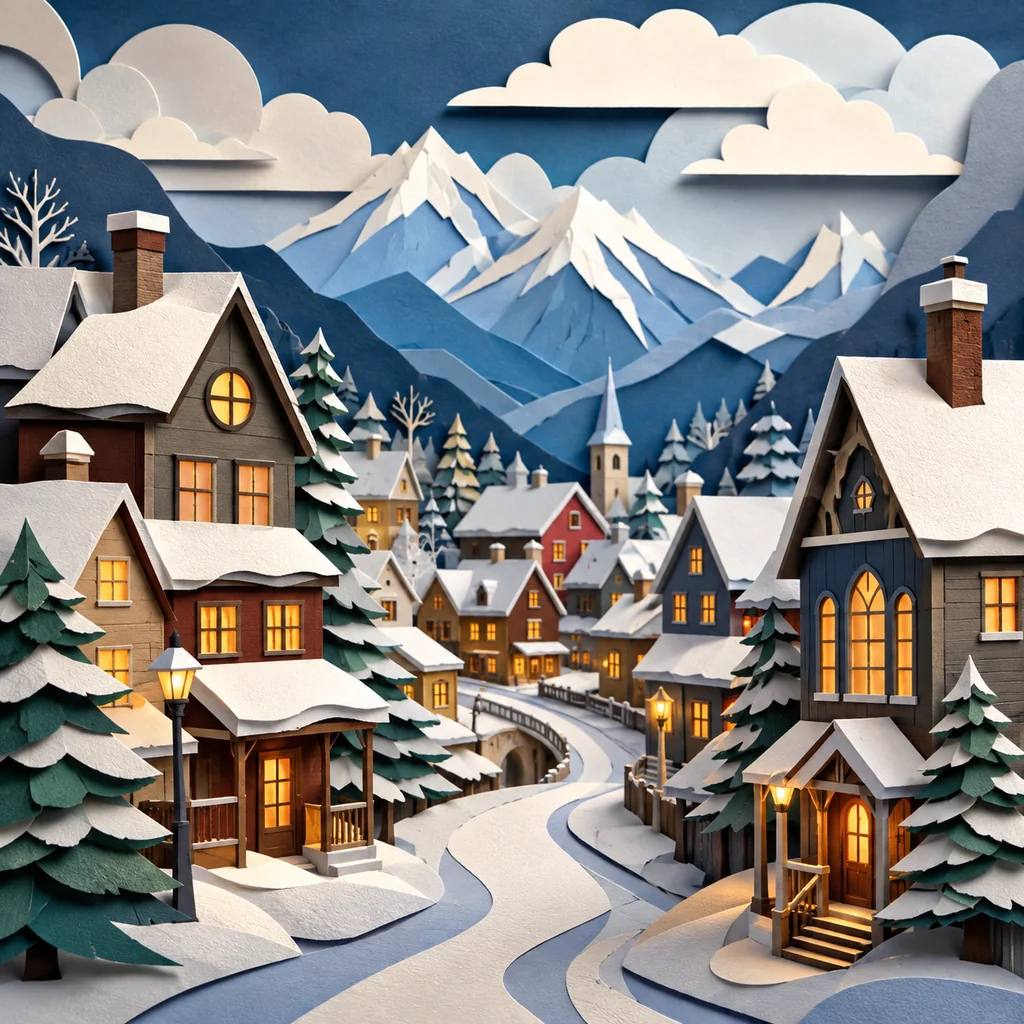 A Snow Town Travel Poster Cut Into Three Layers of Warm and Cool Paper