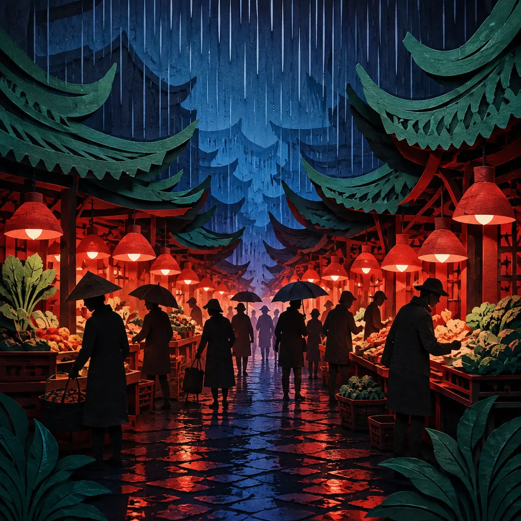 A Rainy Market Poster Cut Into Red, Green, and Blue