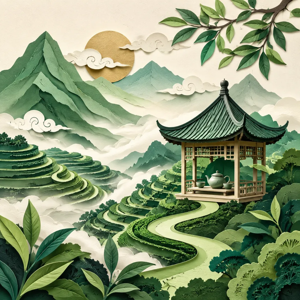 A Tea Mountain Travel Poster With a Green Paper Path