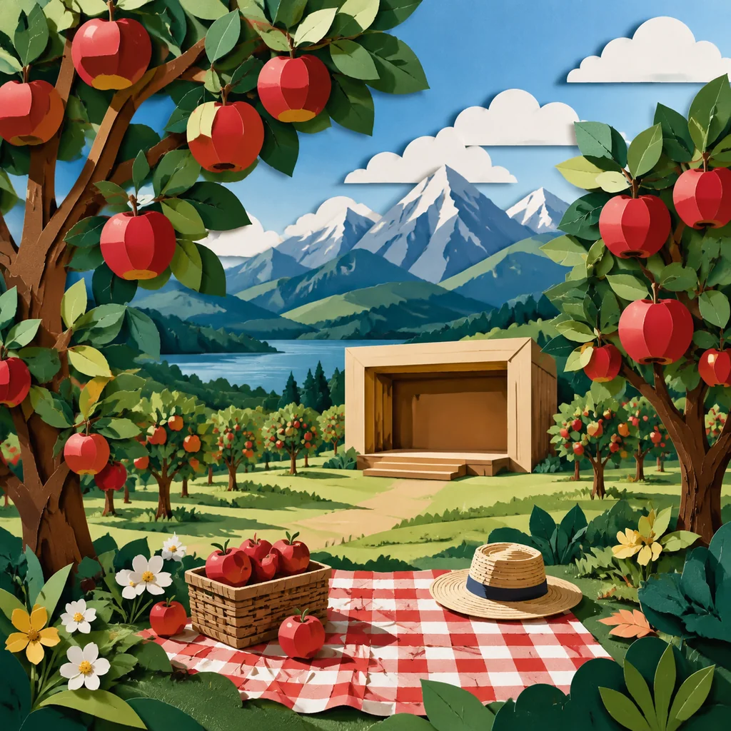 An Orchard Travel Poster Like a Paper Box Being Opened