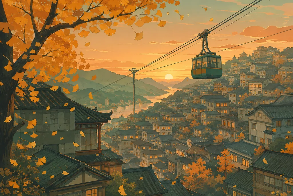 深秋山城的纜車與銀杏