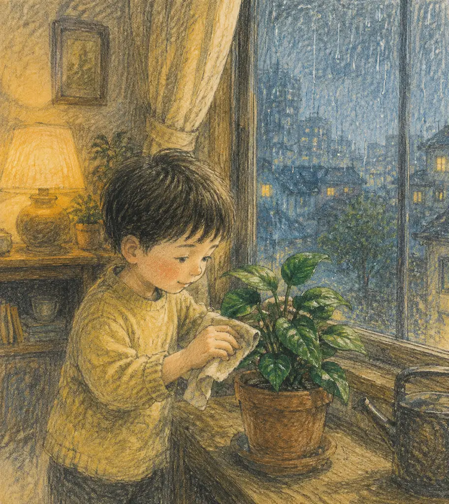 雨窗邊擦葉子的孩子