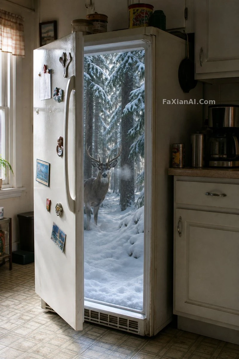 冰箱打开是一整片雪松林 · GPT Image 2 成图