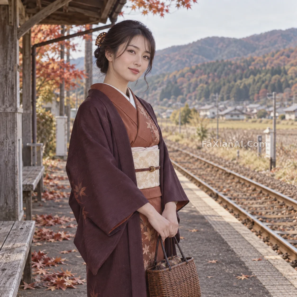 겹쳐 입은 기모노와 하오리, 가을 여행 플랫폼에서