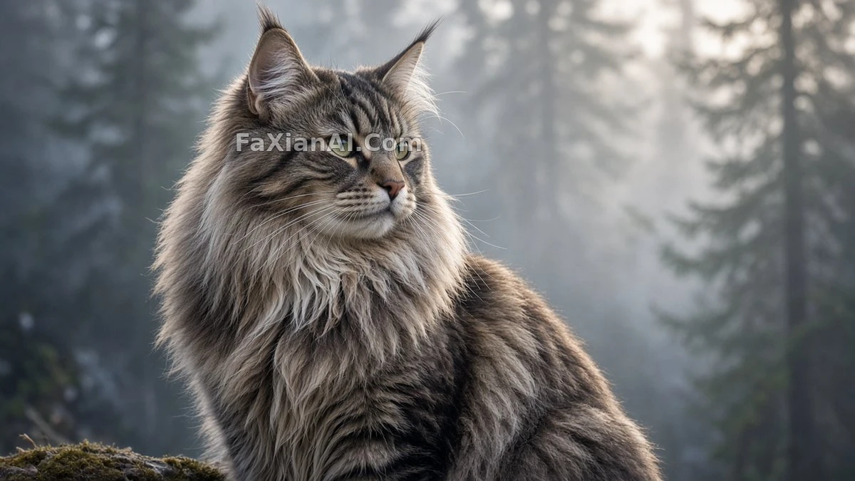 Norwegian Forest Cat in Three-Quarter View, Misty Pines