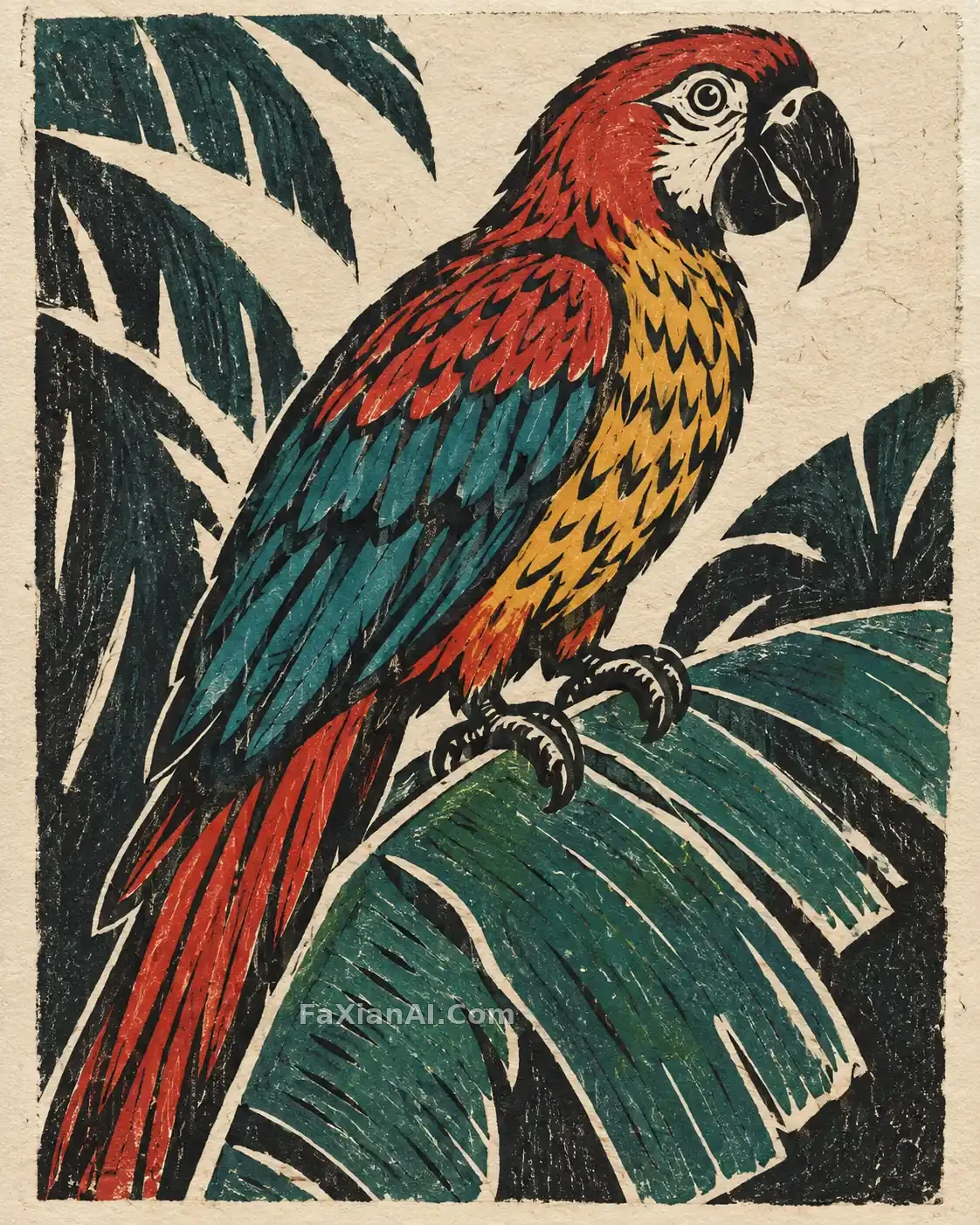 宽叶上的一只热带鸟木刻 · GPT Image 2.5 成图