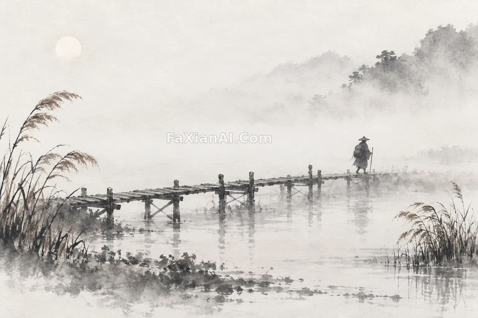 水墨留白中的湿地木桥