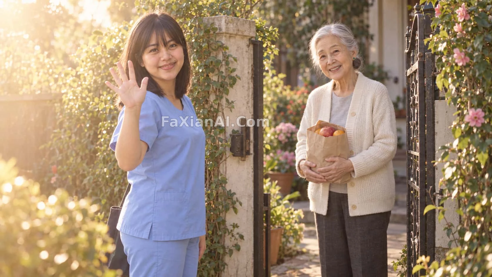 Waving Goodbye at the Garden Gate, Fruit Still in Her Hand