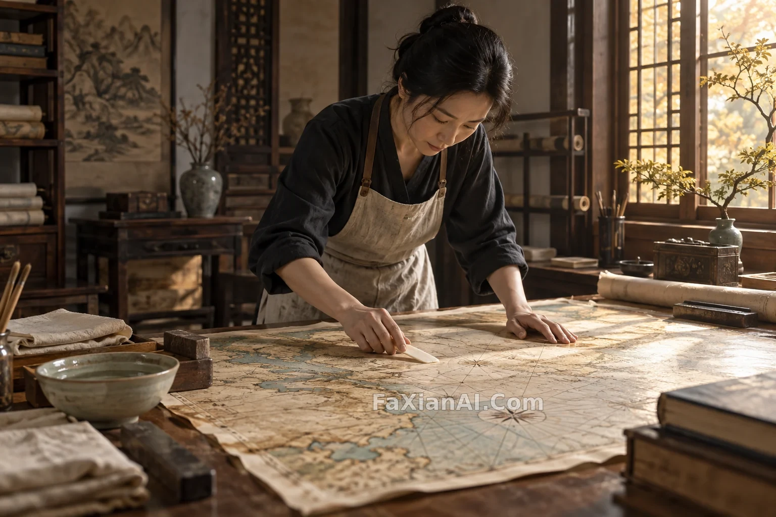 琥珀窗光里的地图修复师 · GPT Image 2.5 成图