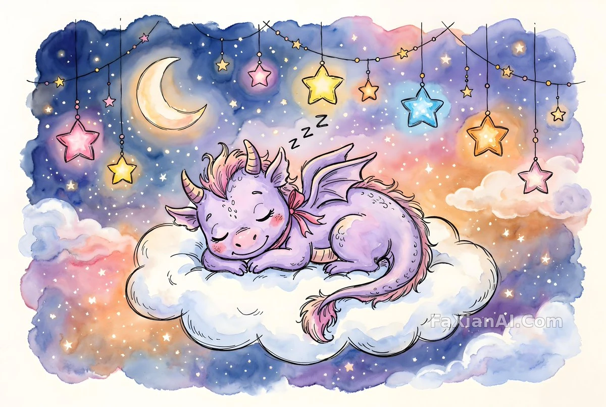 雲の上で眠る、薄紫の子ドラゴン