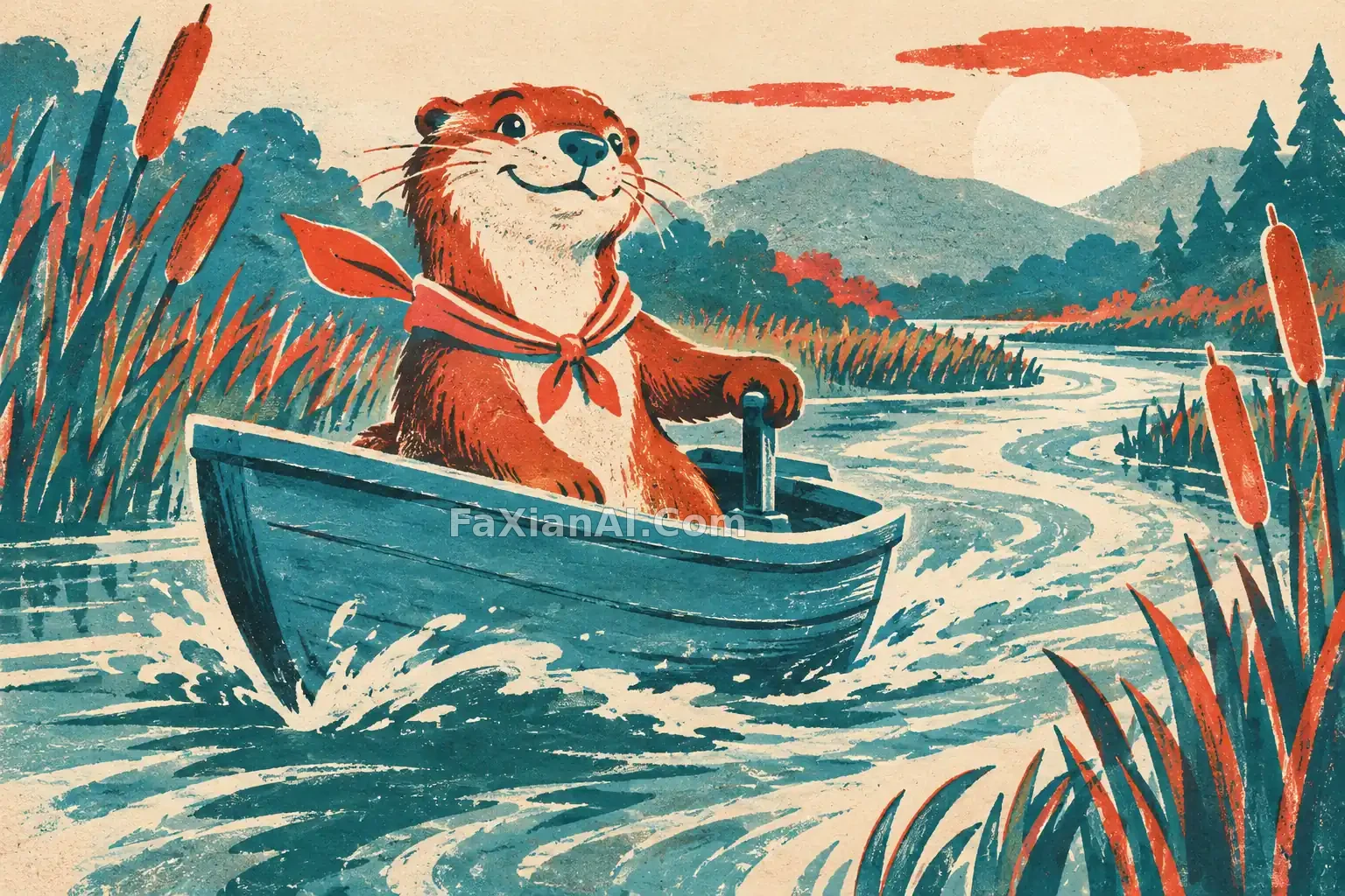 河湾里开小船的水獭吉祥物 · GPT Image 2.5 成图