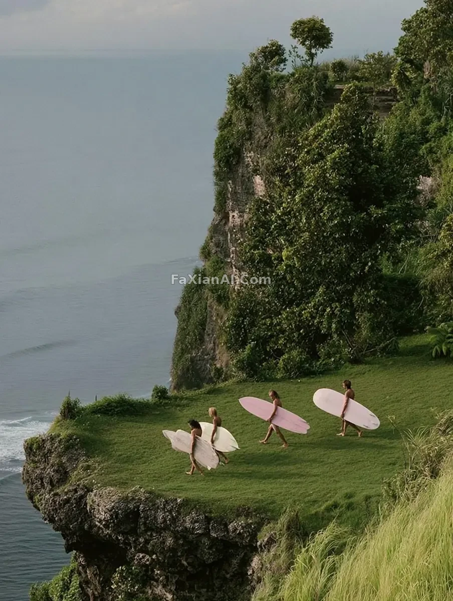 Four Surfers with Boards on a Green Cliff-Top Trail
