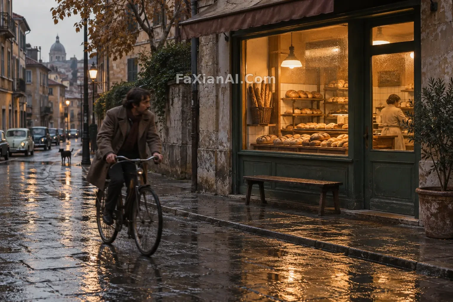 雨夜面包房外的复古街头 · GPT Image 2.5 成图