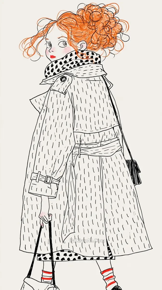 トレンチコートの女性が振り返る、余白のイラスト