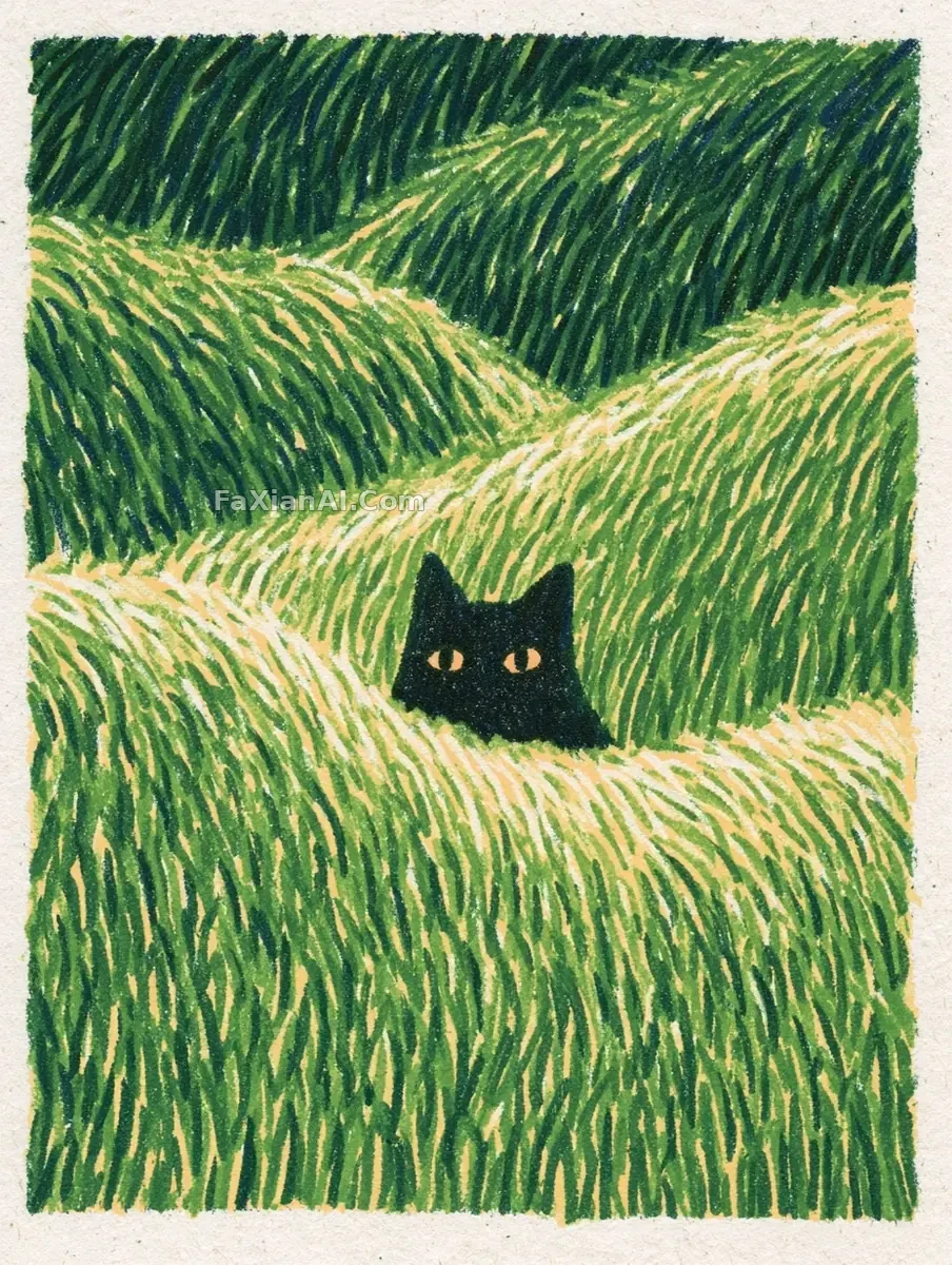 藏在稻浪里的黑色神兽版画 · Midjourney 成图