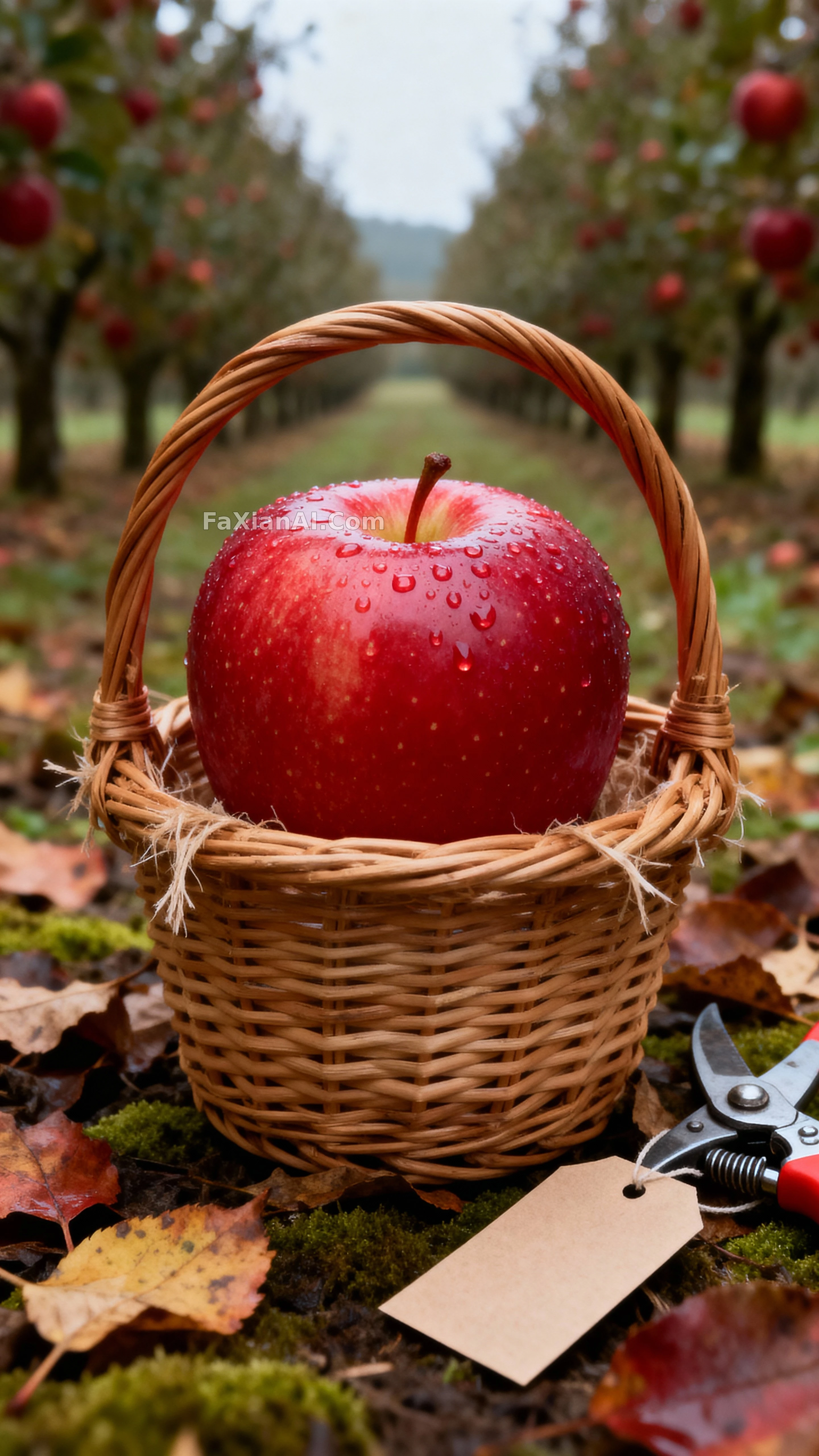 A Dew-Dotted Red Apple Peeking Out Over Orchard Leaves