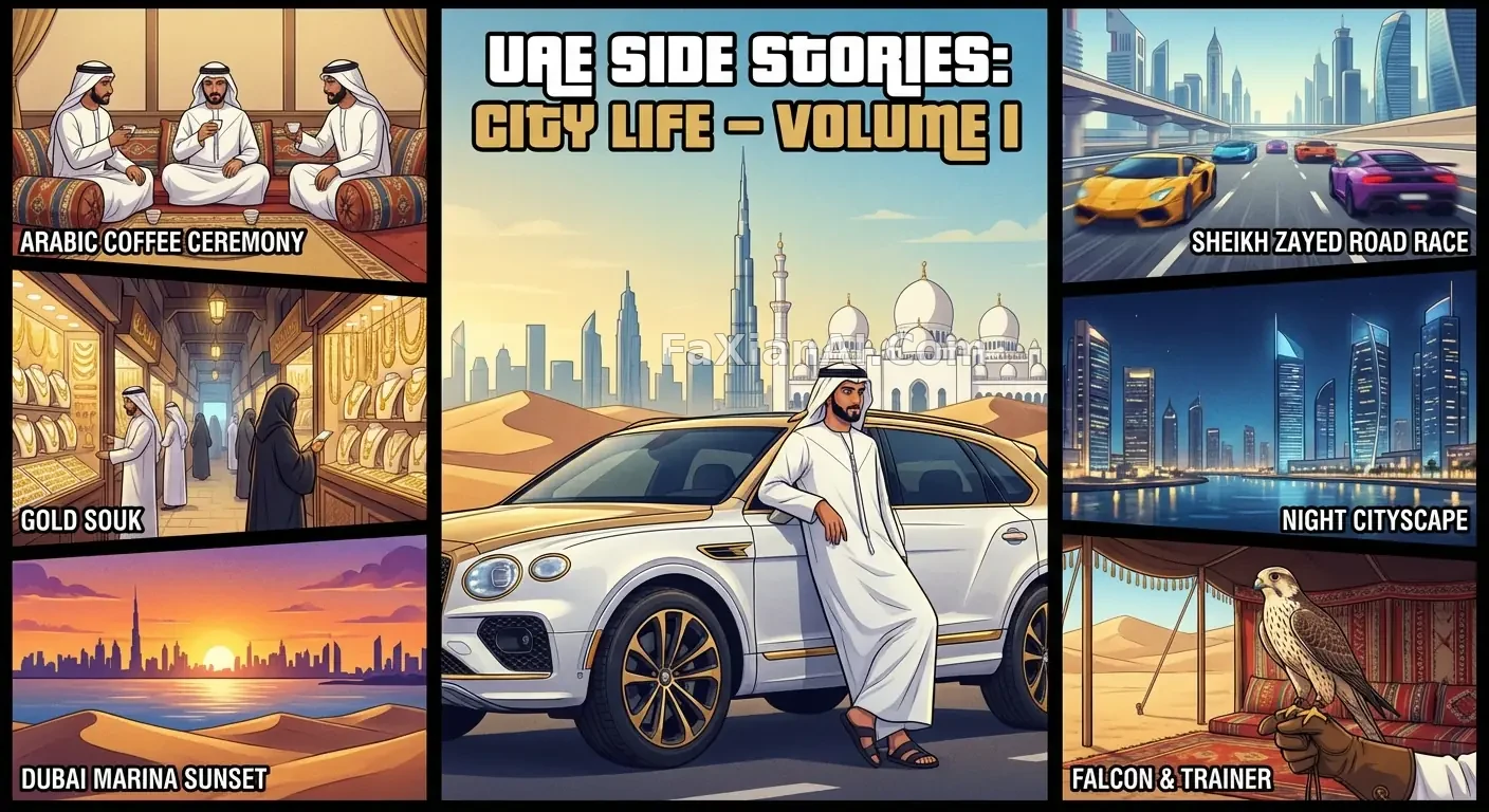 사막 골드와 로열 블루가 부딪히는 UAE 분할 포스터