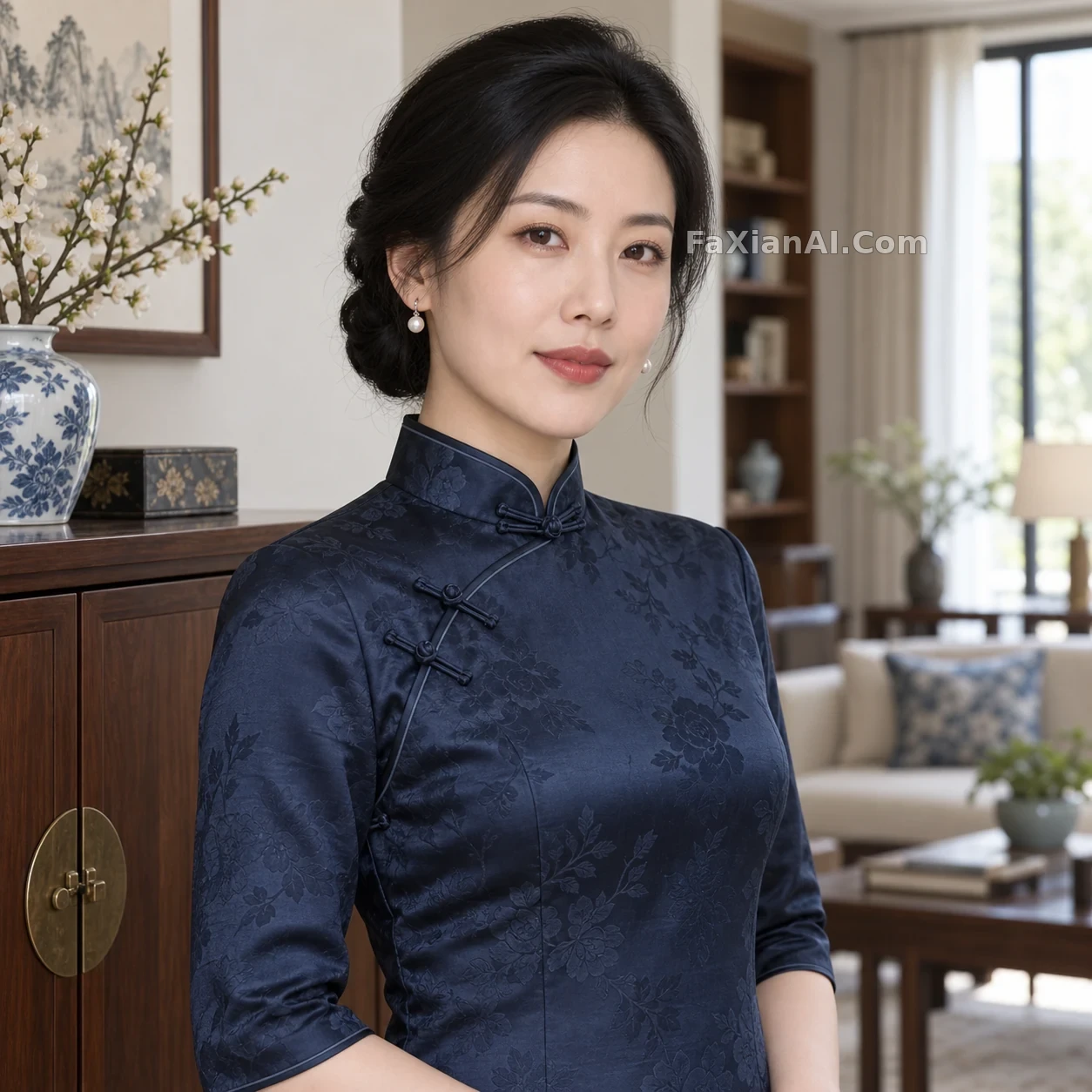 먹빛 치파오와 진주, 거실에서의 담담한 눈빛