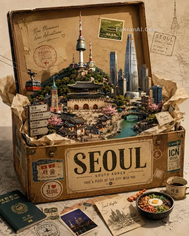 빈티지 여행가방 속에서 솟아오른 도시 하나