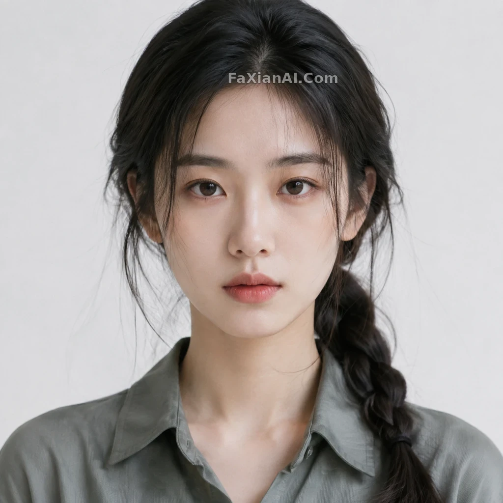 월백색 배경 앞, 땋은 머리도 옷깃도 가볍게