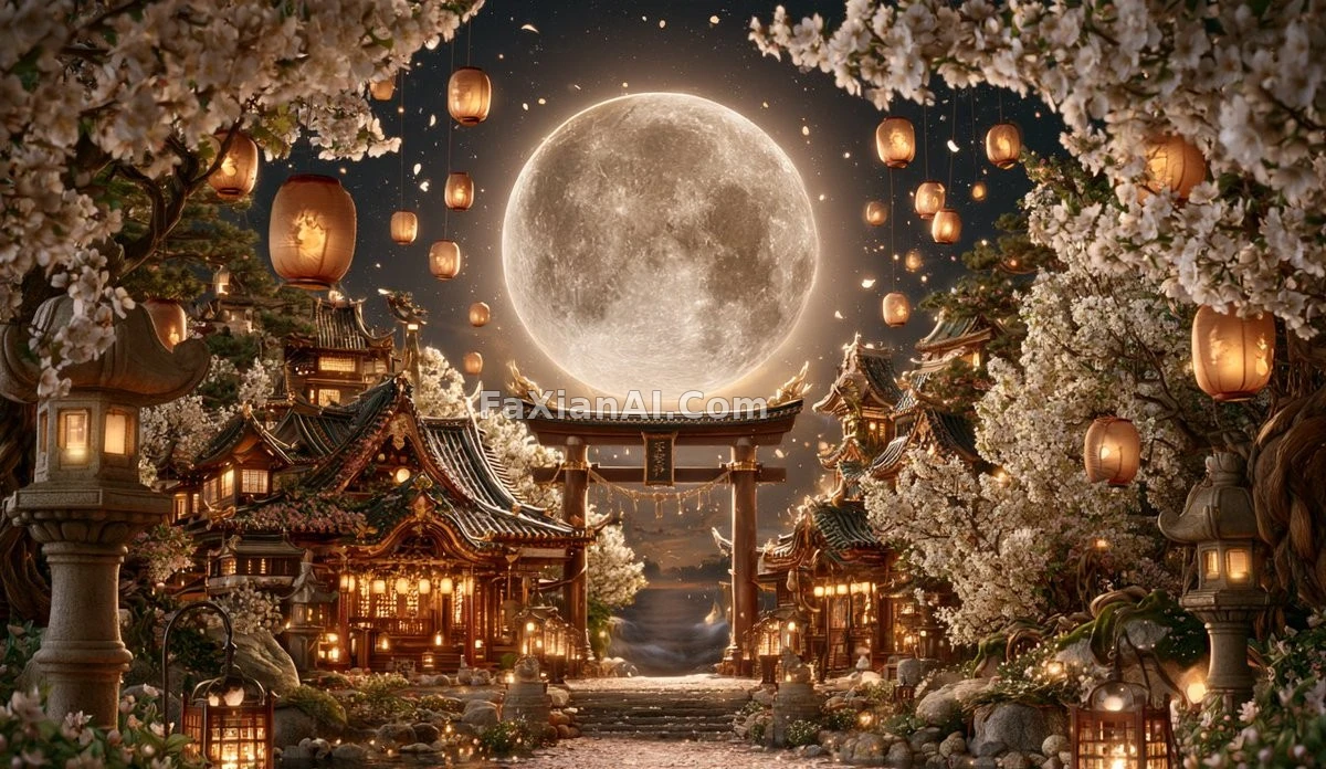 满月鸟居下的落樱神社
