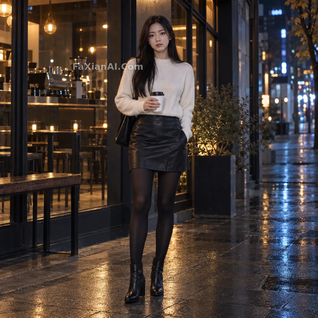 서울 밤 커피, 검정 스타킹 가죽 미니스커트와 차가운 눈빛