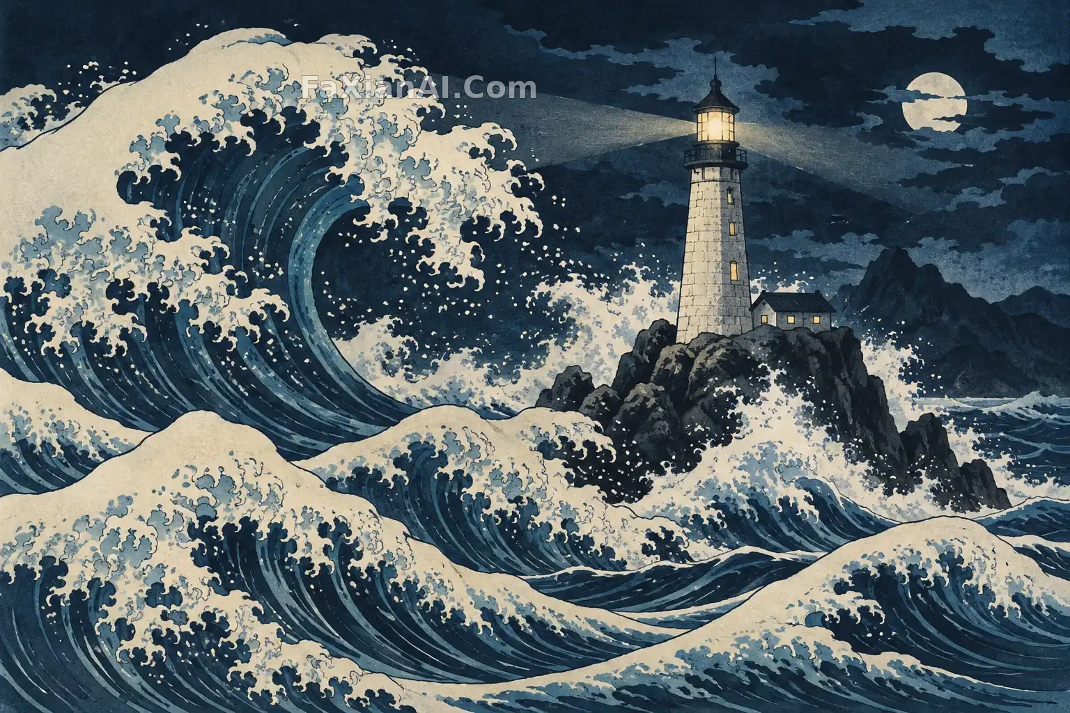 巨浪与灯塔的浮世绘夜色 · GPT Image 2.5 成图