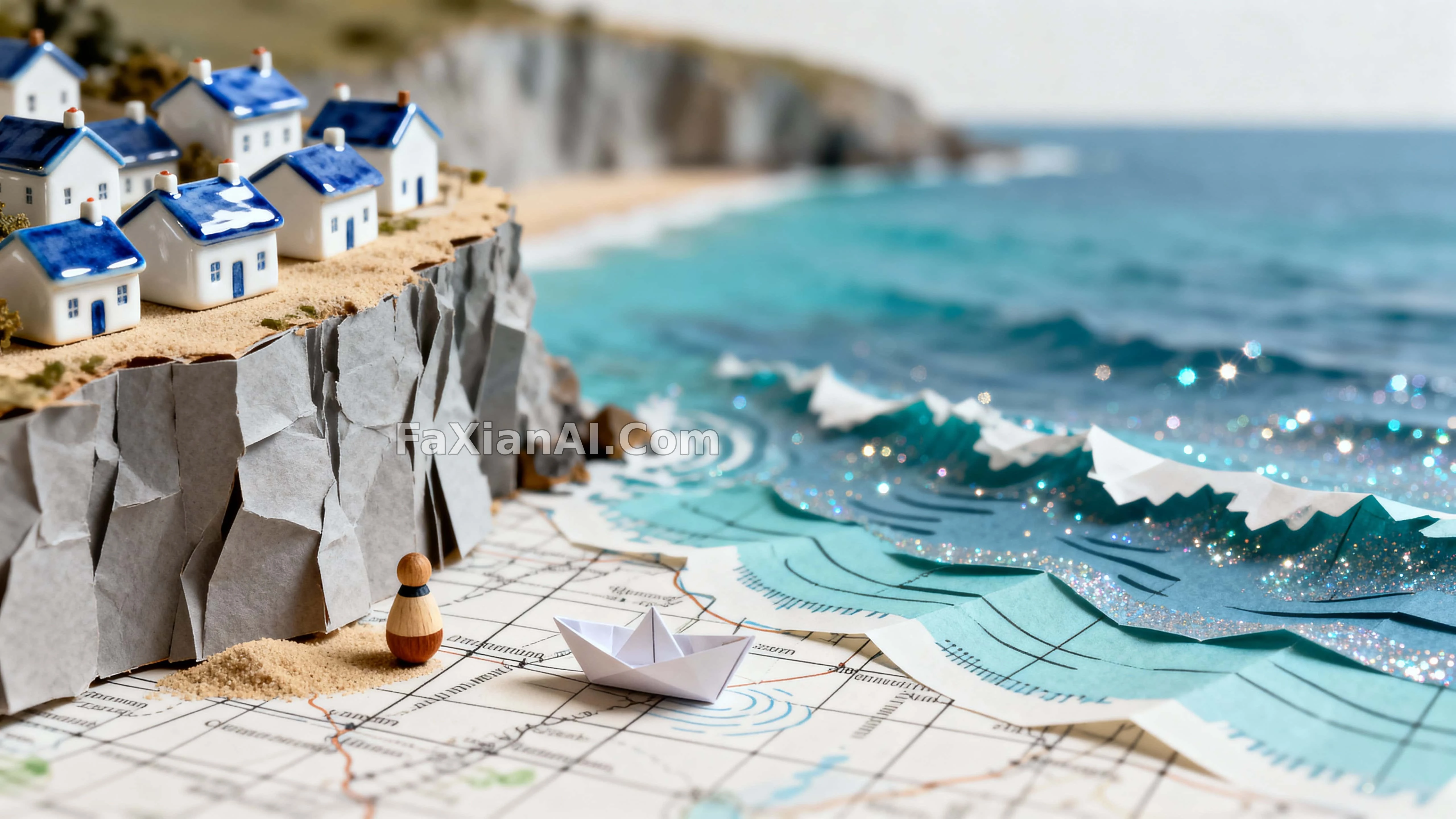 A Tiny White-and-Blue Fishing Village Growing Out of a Map