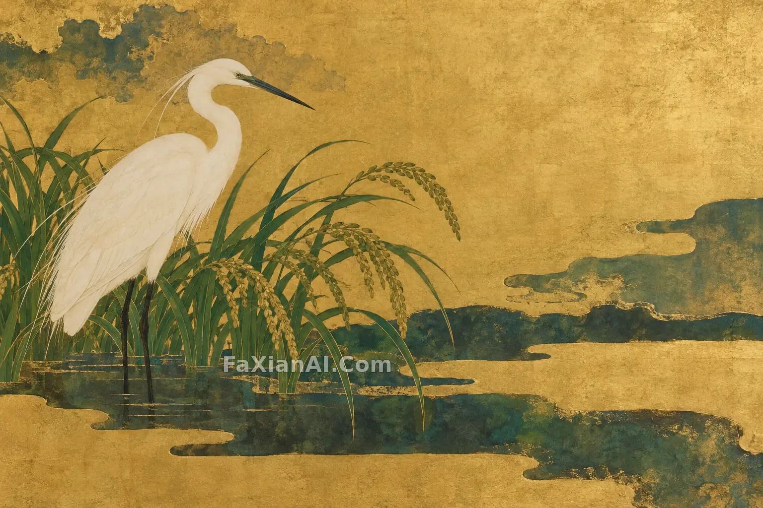 琳派金地上的白鹭与稻穗