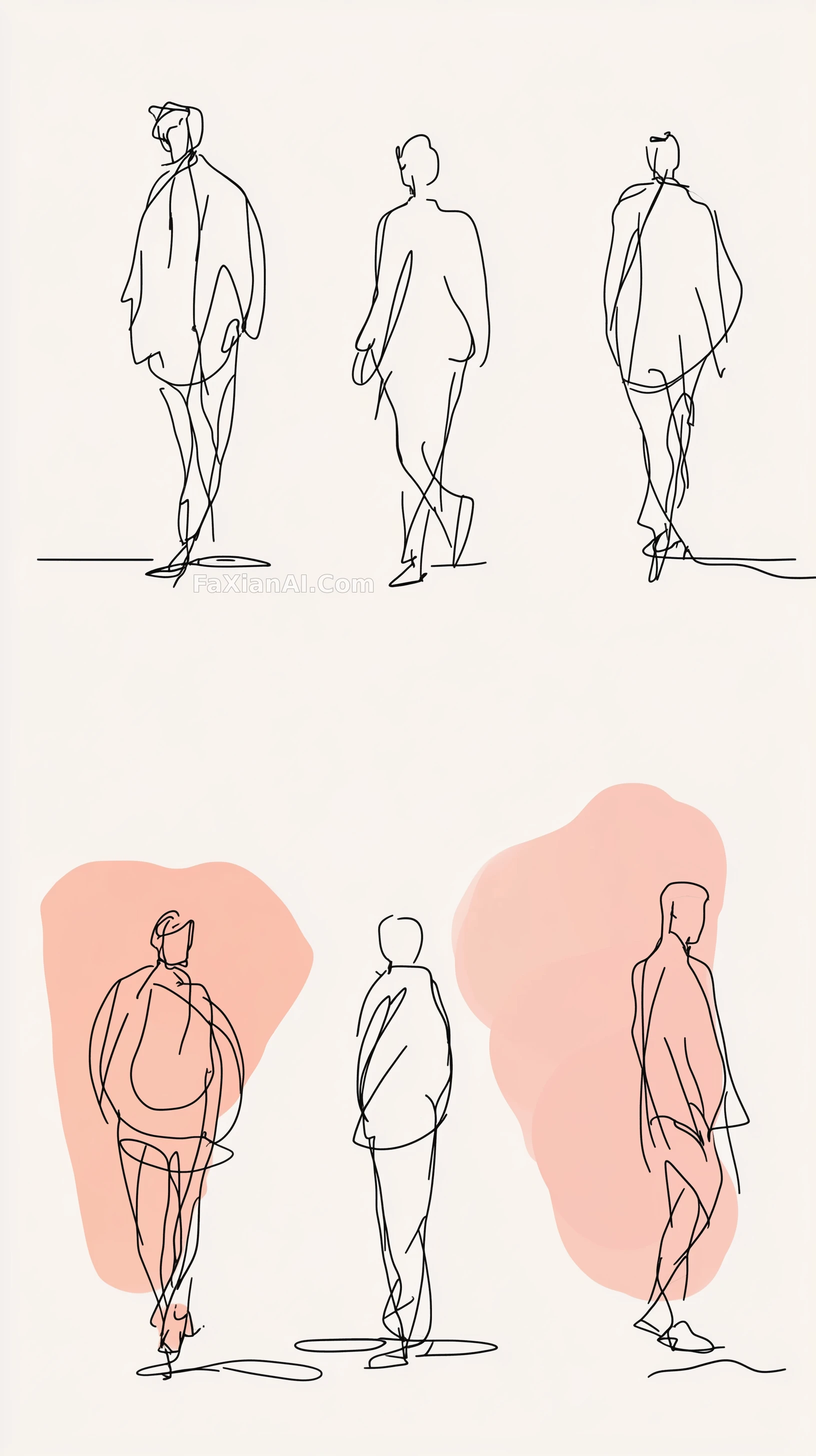 여섯 컷 실루엣, 코랄색 선이 한 획도 끊기지 않았다