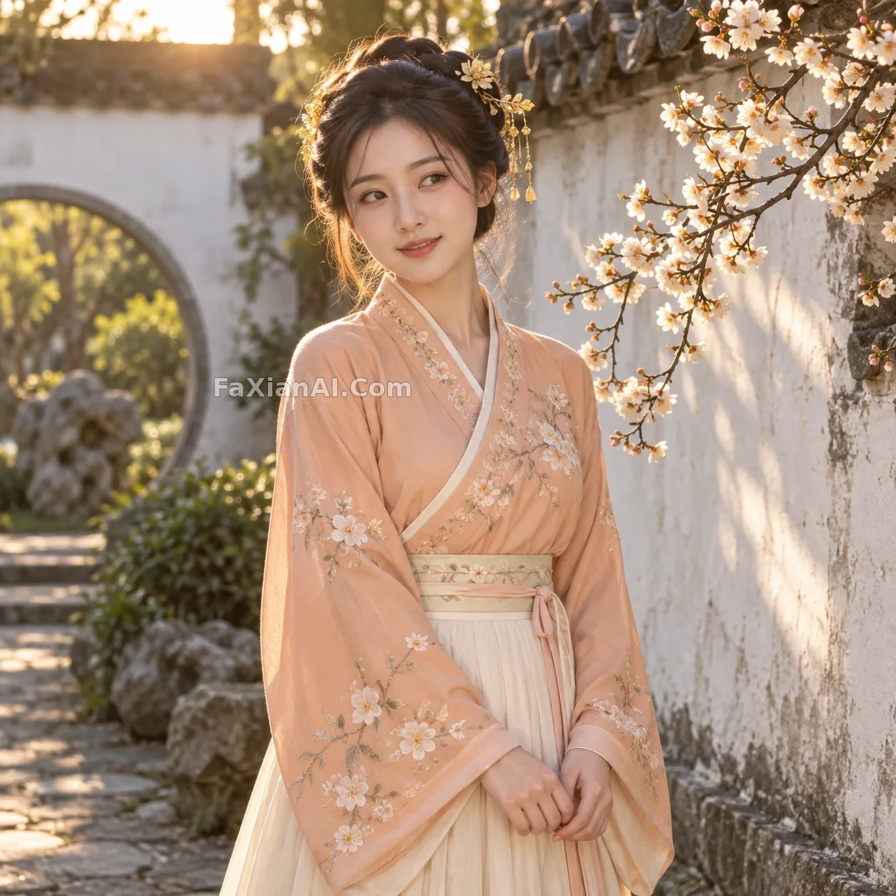 살구빛 한푸와 보요, 봄날 담장 아래에서