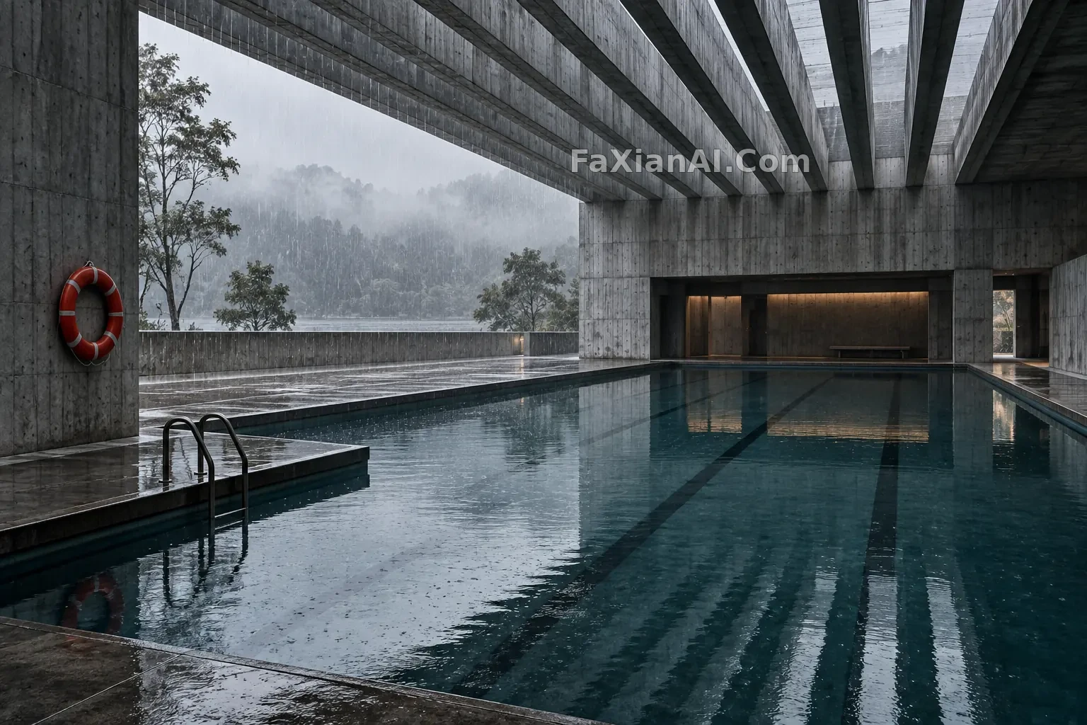 雨中粗野主义公共泳池 · GPT Image 2.5 成图
