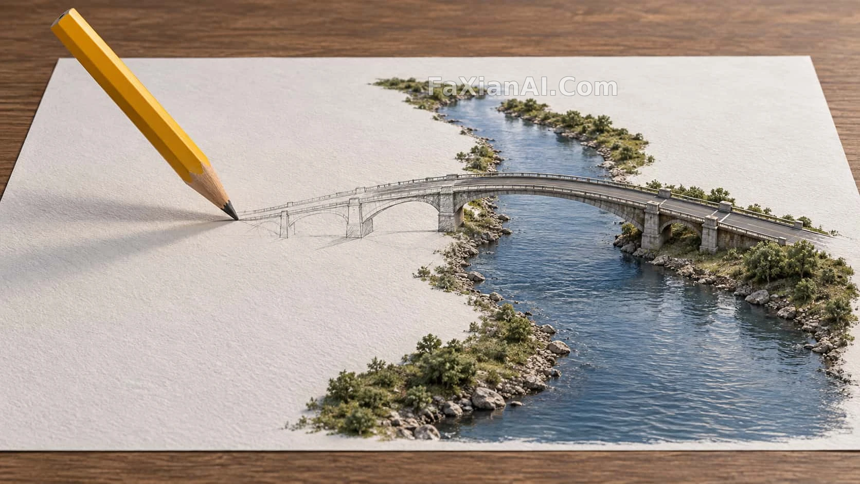 A Giant Pencil Draws a Paper Bridge into a Real One