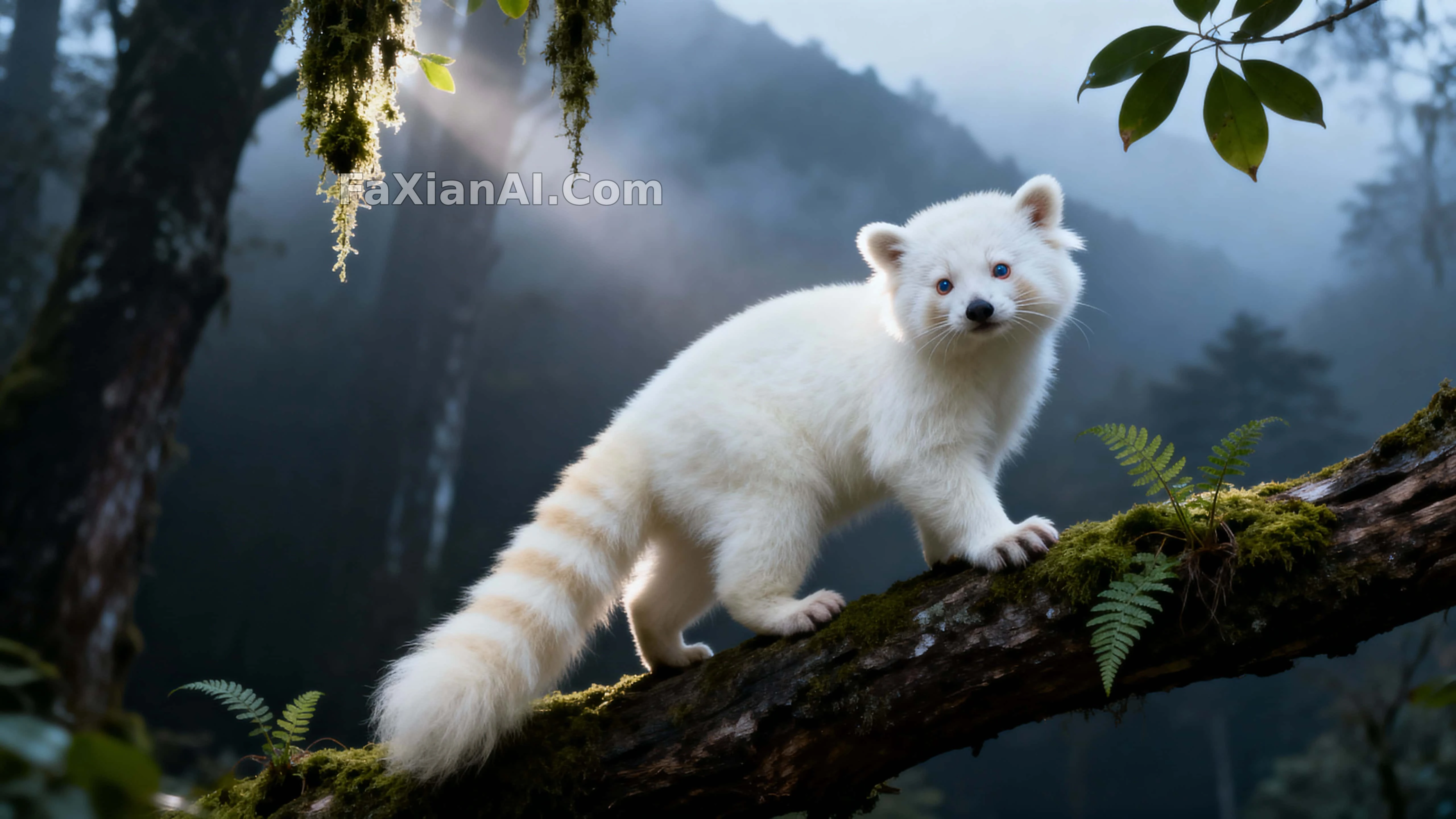 雾林树枝上的白化小熊猫 · GPT Image 1 成图