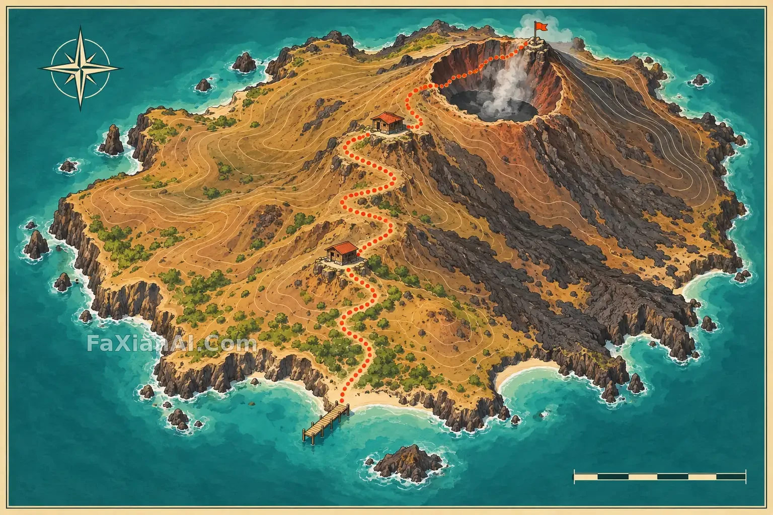 火山岛徒步路线手绘地图