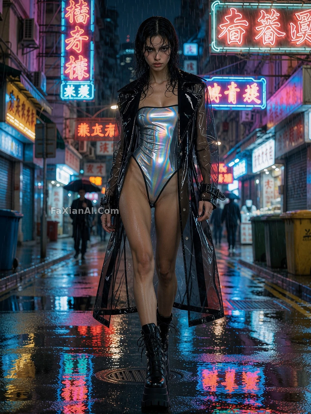 湿感香港雨夜里的金属反光战衣